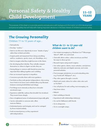 Child Development Safety Sheet (11-12 years)